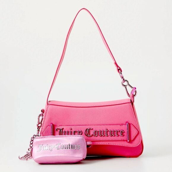 Juicy Couture Hot Pink Faux Leather Jasmine Flap Hobo Bag w/ Metallic Mini Pouch - Picture 1 of 16